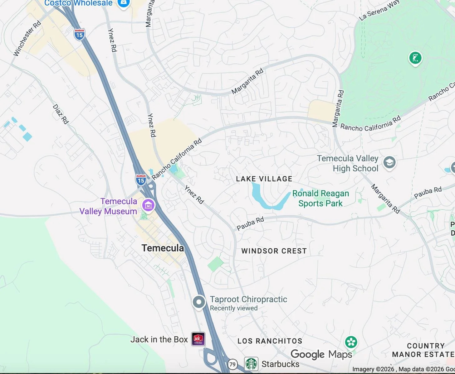 Google Maps view showing Taproot Chiropractic near Temecula